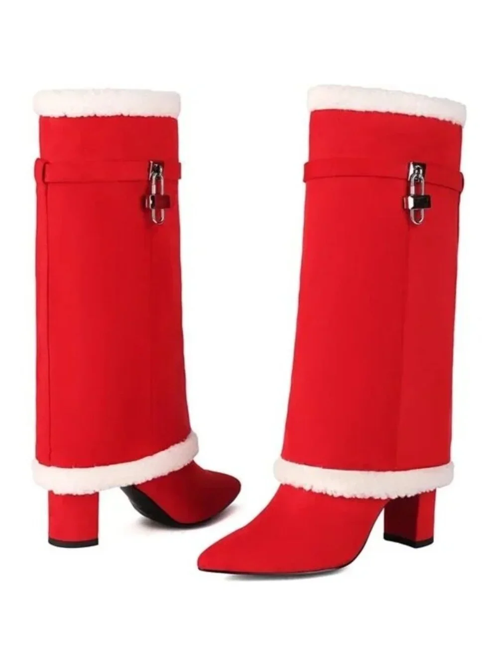 AIJIVOU Size 8 Boots Red Fold Over Padlock Mid Calf Pointed Toe Fur Trim